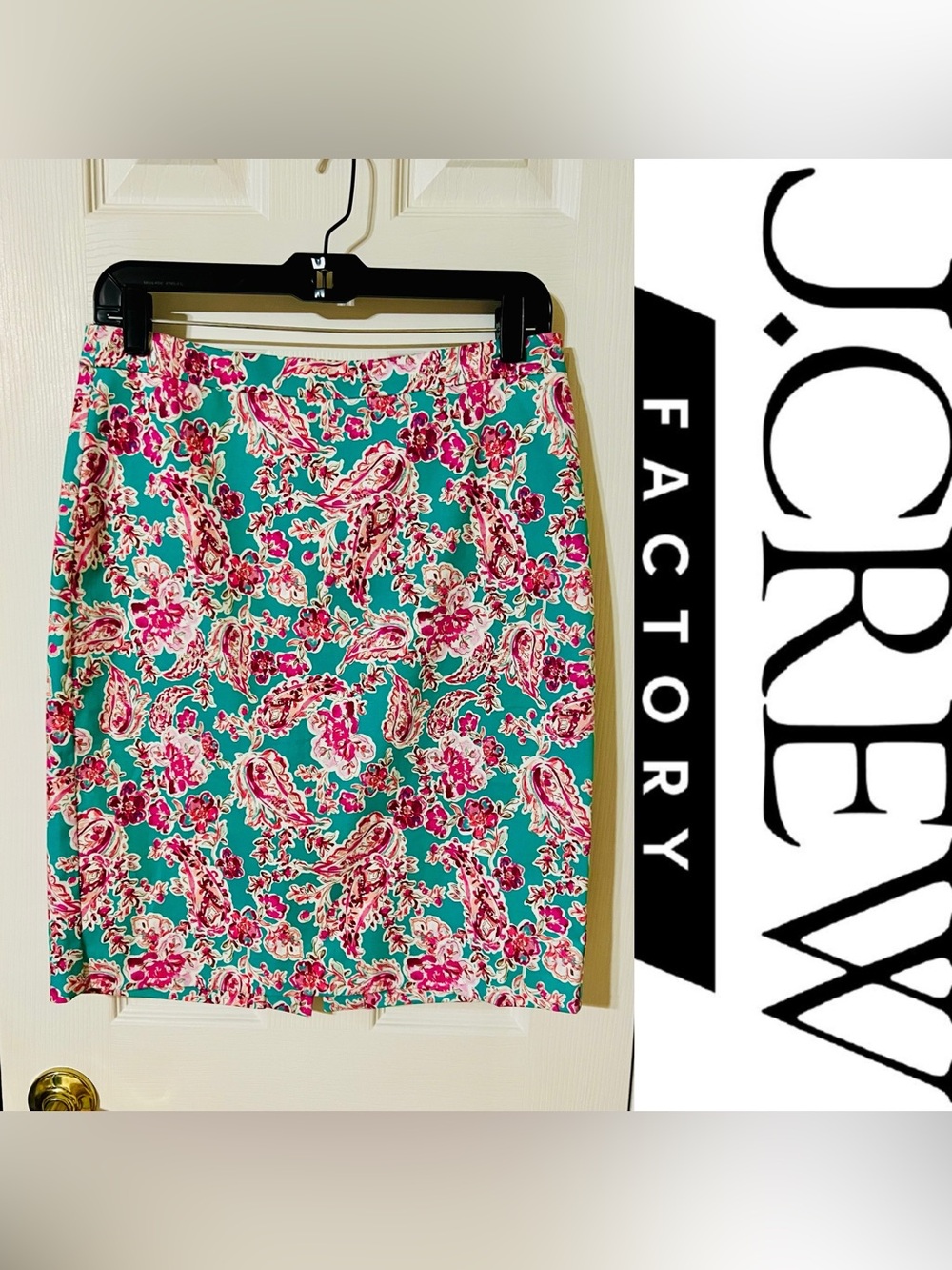 J. Crew Factory Teal Pencil Skirt with Pink Floral Paisley Print